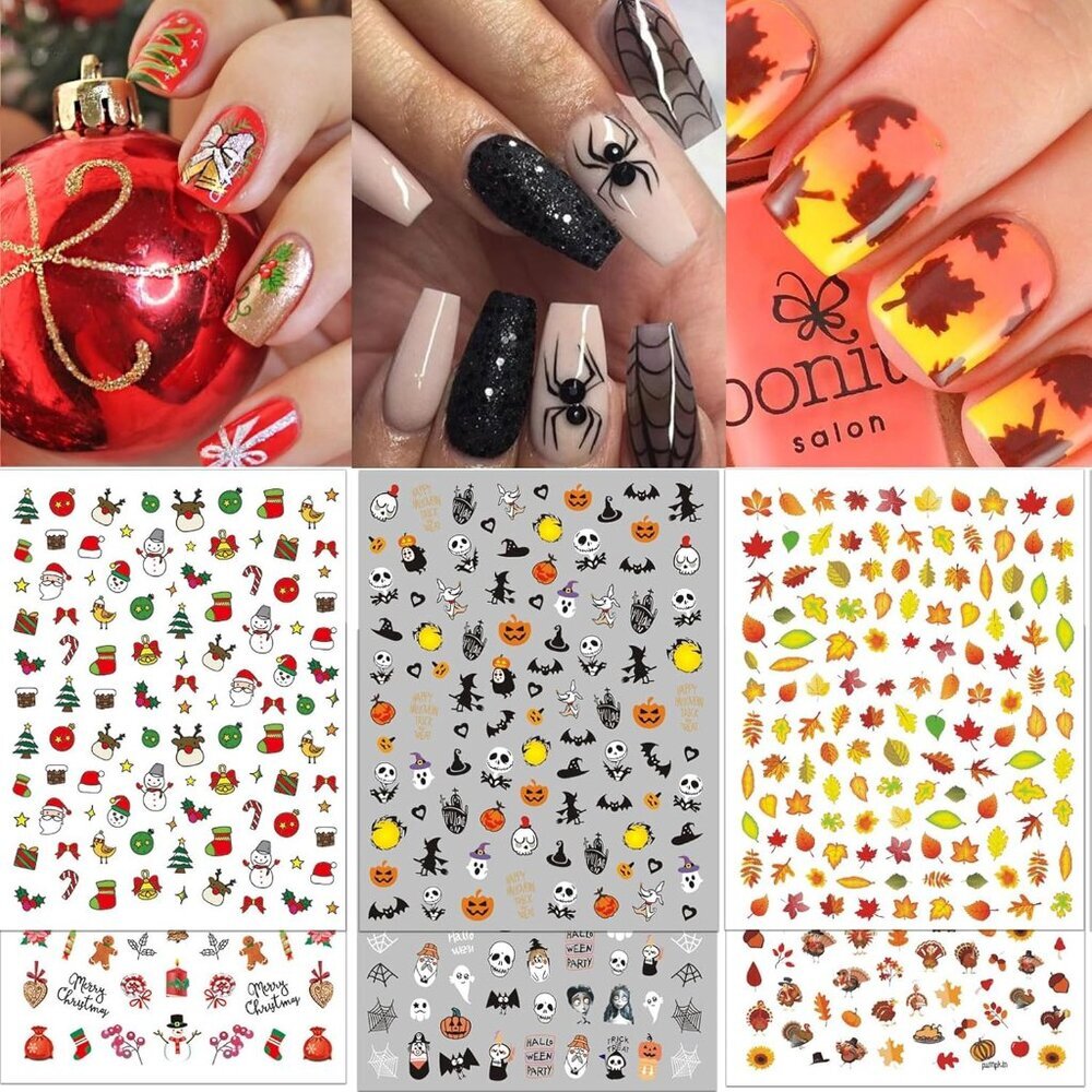 18 Sheets Holiday Nail Stickers, Halloween Christmas Thanksgiving Day Seasonal N